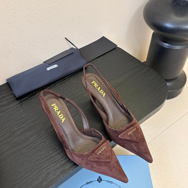 PRADA 26S POINTED TOE SLINGBACK HEELS 60MM IN DARK BROWN SUDE WITH LOGO