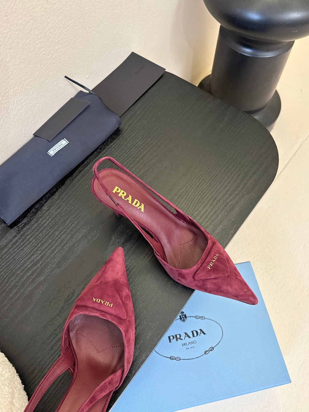PRADA 26S POINTED TOE SLINGBACK HEELS 60MM IN DARK RED SUDE WITH LOGO