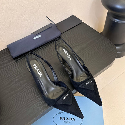 PRADA 26S POINTED TOE SLINGBACK HEELS 60MM IN BLACK SUDE WITH LOGO