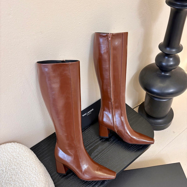 YSL 26S KNEE-HIGH HEELED BOOTS IN BROWN SHINY CALFSKIN
