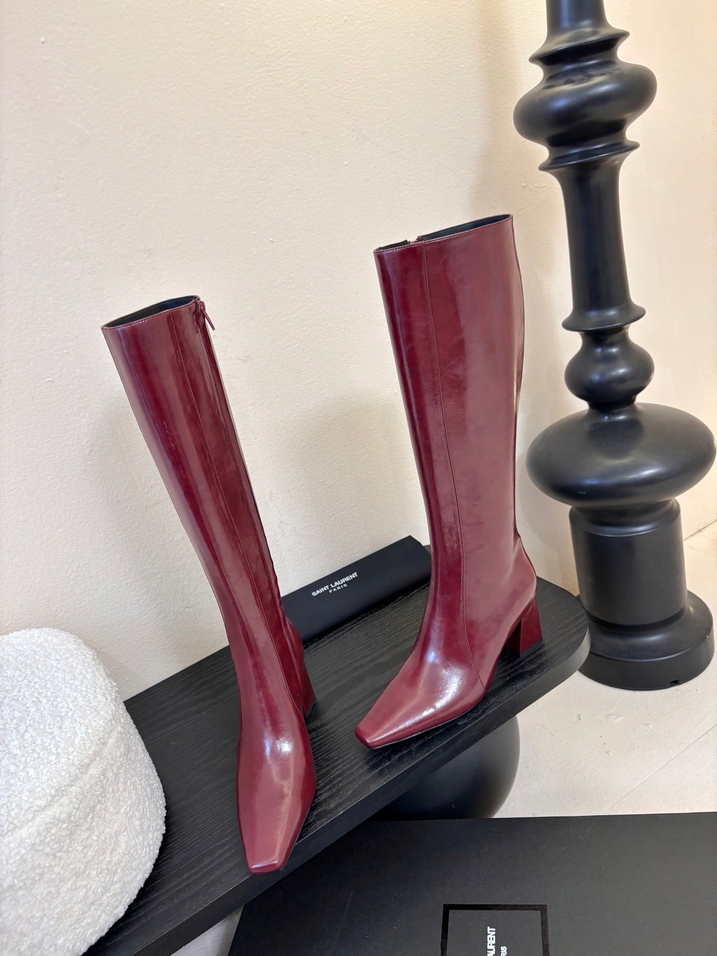 YSL 26S KNEE-HIGH HEELED BOOTS IN DARK RED SHINY CALFSKIN
