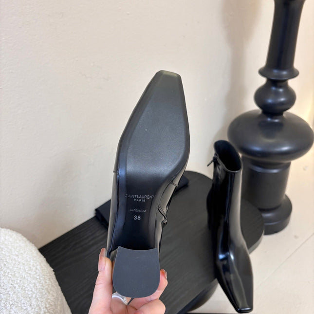 YSL 26S HEELED ANKLE BOOTS IN BLACK SHINY CALFSKIN