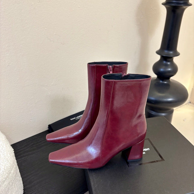 YSL 26S HEELED ANKLE BOOTS IN DARK RED SHINY CALFSKIN
