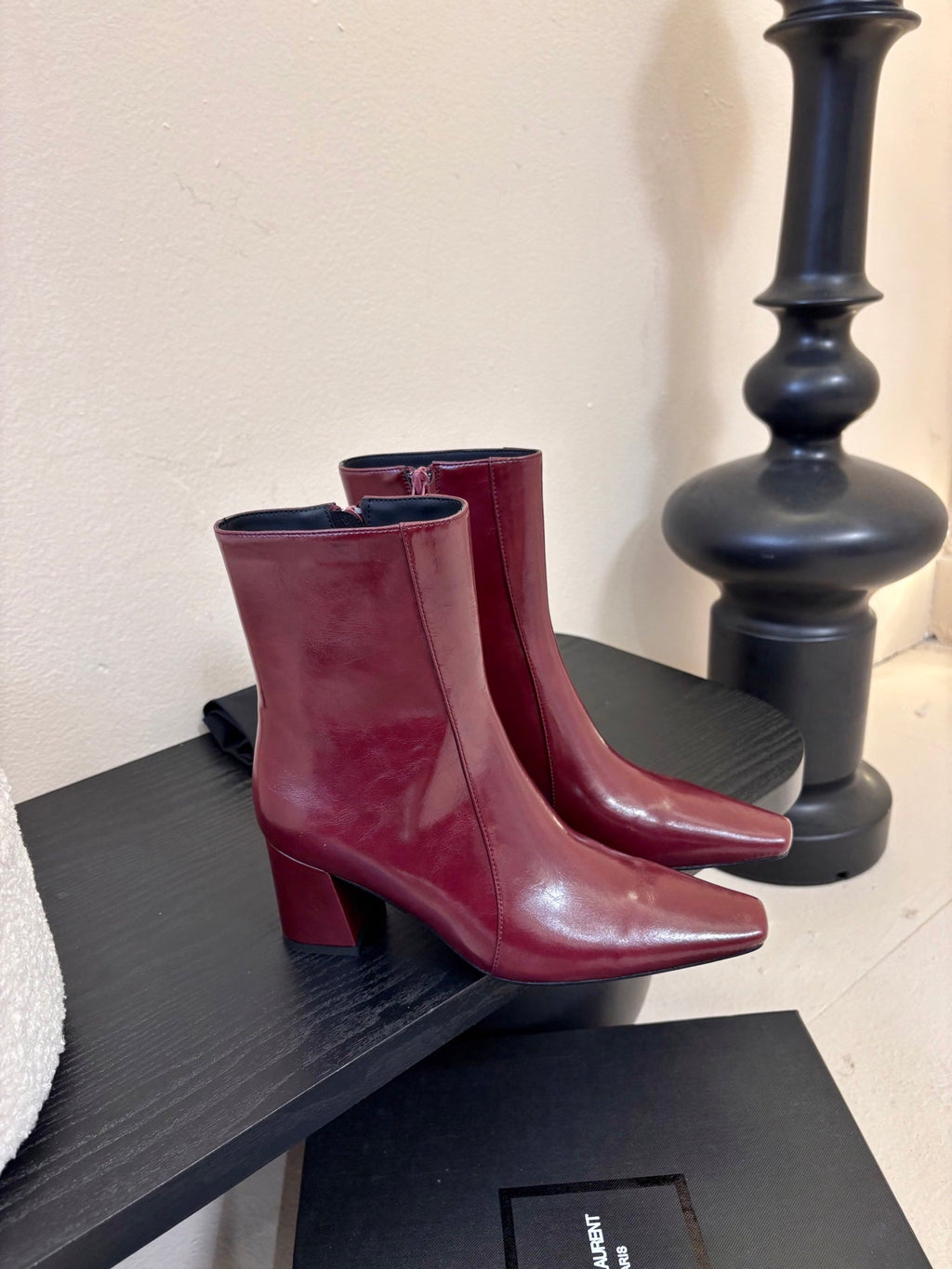 YSL 26S HEELED ANKLE BOOTS IN DARK RED SHINY CALFSKIN