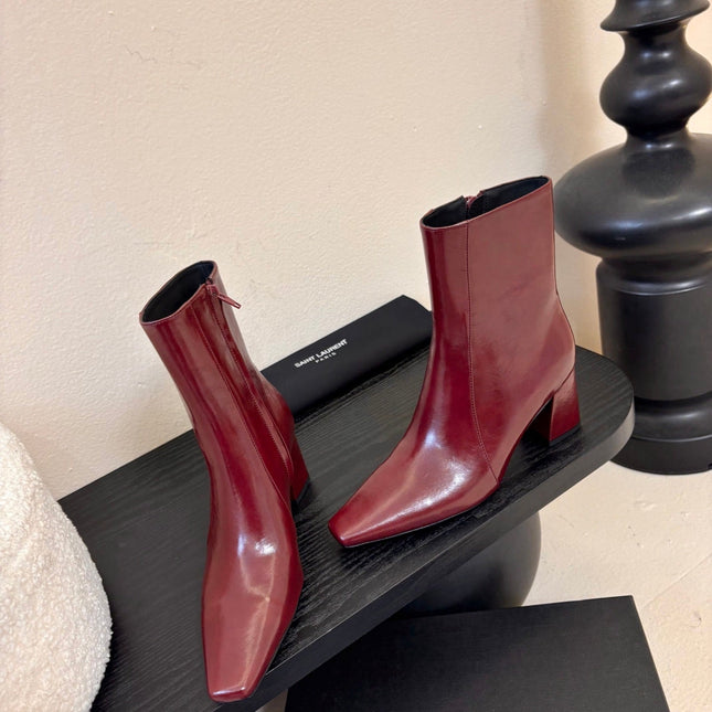 YSL 26S HEELED ANKLE BOOTS IN DARK RED SHINY CALFSKIN