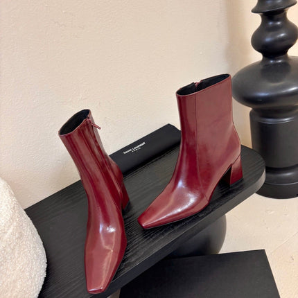 YSL 26S HEELED ANKLE BOOTS IN DARK RED SHINY CALFSKIN