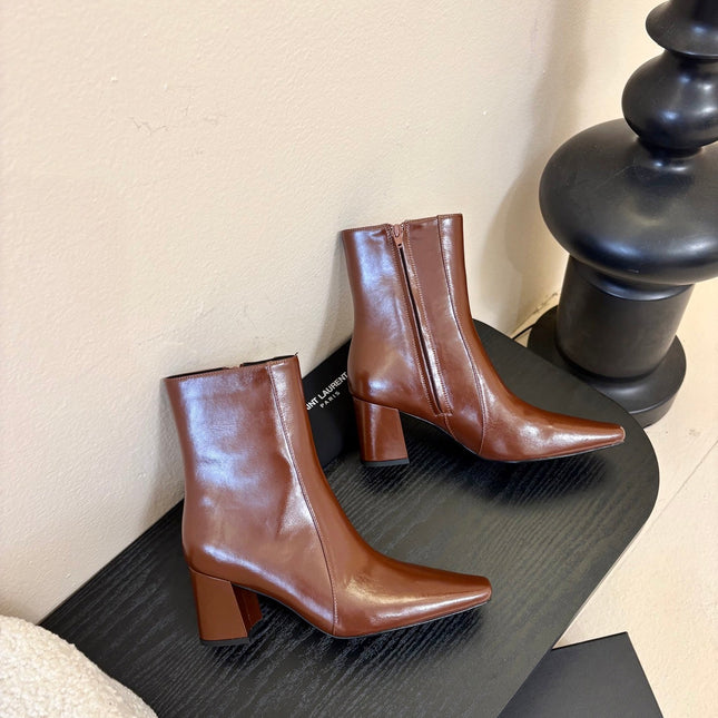 YSL 26S HEELED ANKLE BOOTS IN BROWN SHINY CALFSKIN