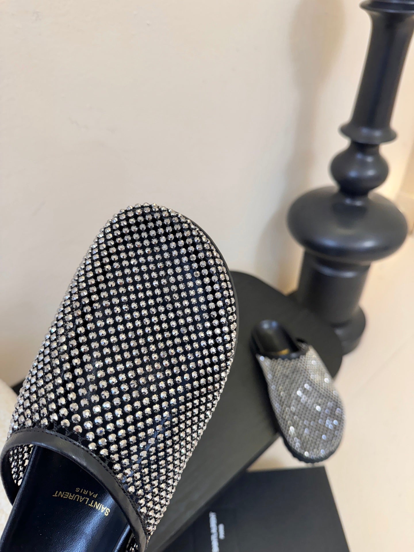 YSL 26S MESH MULES IN BLACK CALFSKIN AND WITH RHINESTONES