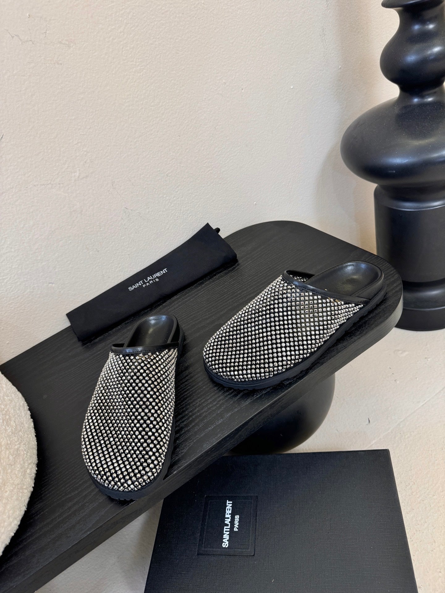 YSL 26S MESH MULES IN BLACK CALFSKIN AND WITH RHINESTONES