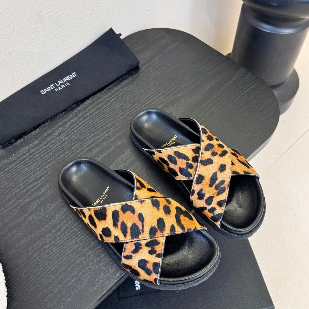 YSL 26S CROSS-STRAP SANDALS IN LEOPARD PRINT CALFSKIN HAIR STYLE 1