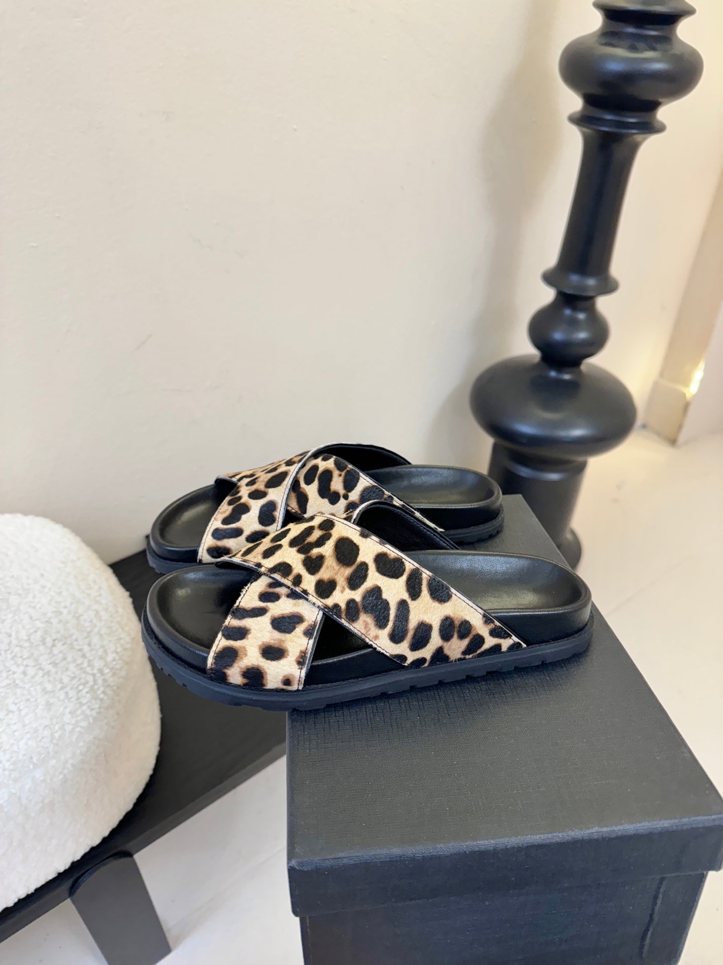 YSL 26S CROSS-STRAP SANDALS IN LEOPARD PRINT CALFSKIN HAIR