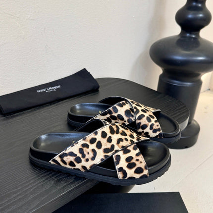 YSL 26S CROSS-STRAP SANDALS IN LEOPARD PRINT CALFSKIN HAIR