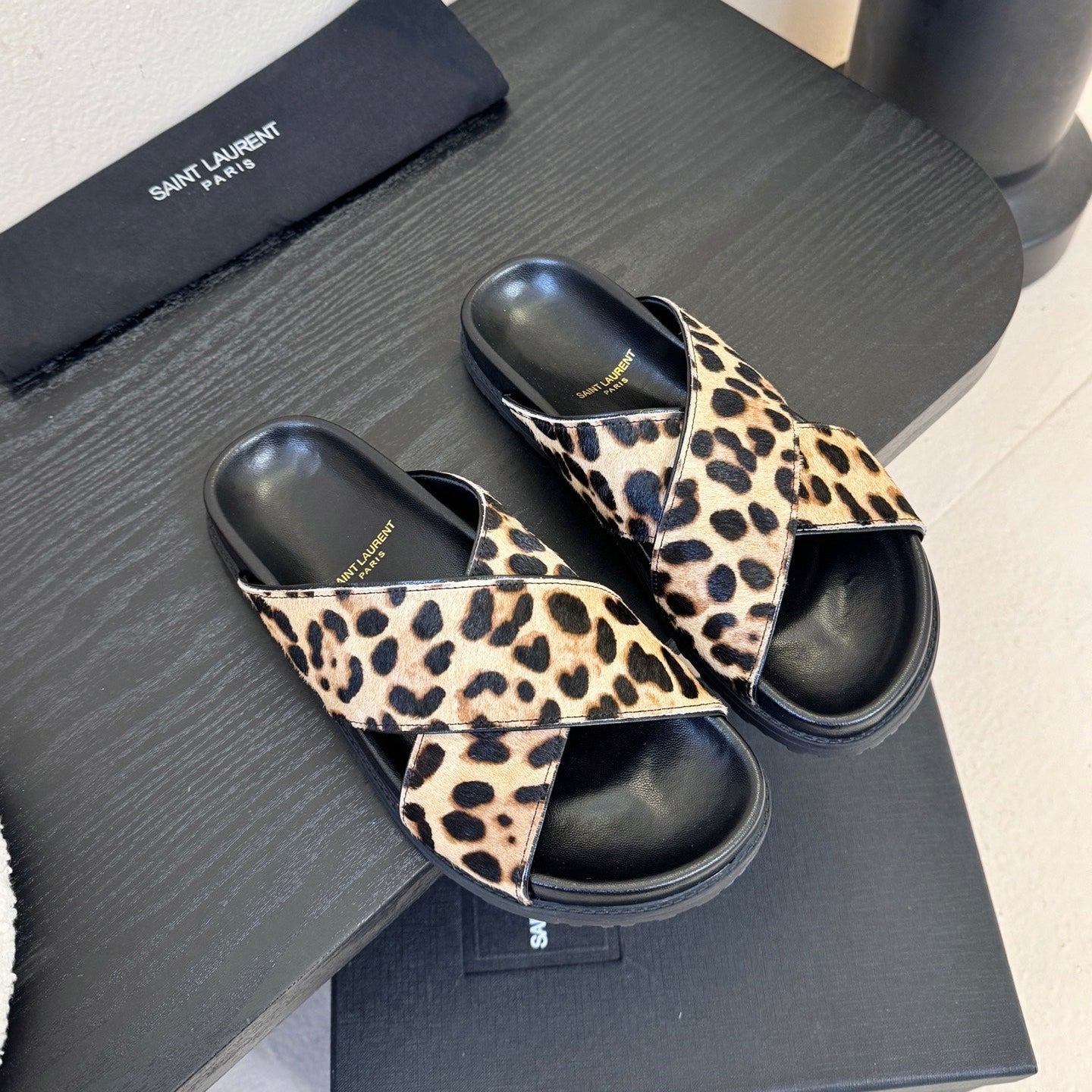 YSL 26S CROSS-STRAP SANDALS IN LEOPARD PRINT CALFSKIN HAIR