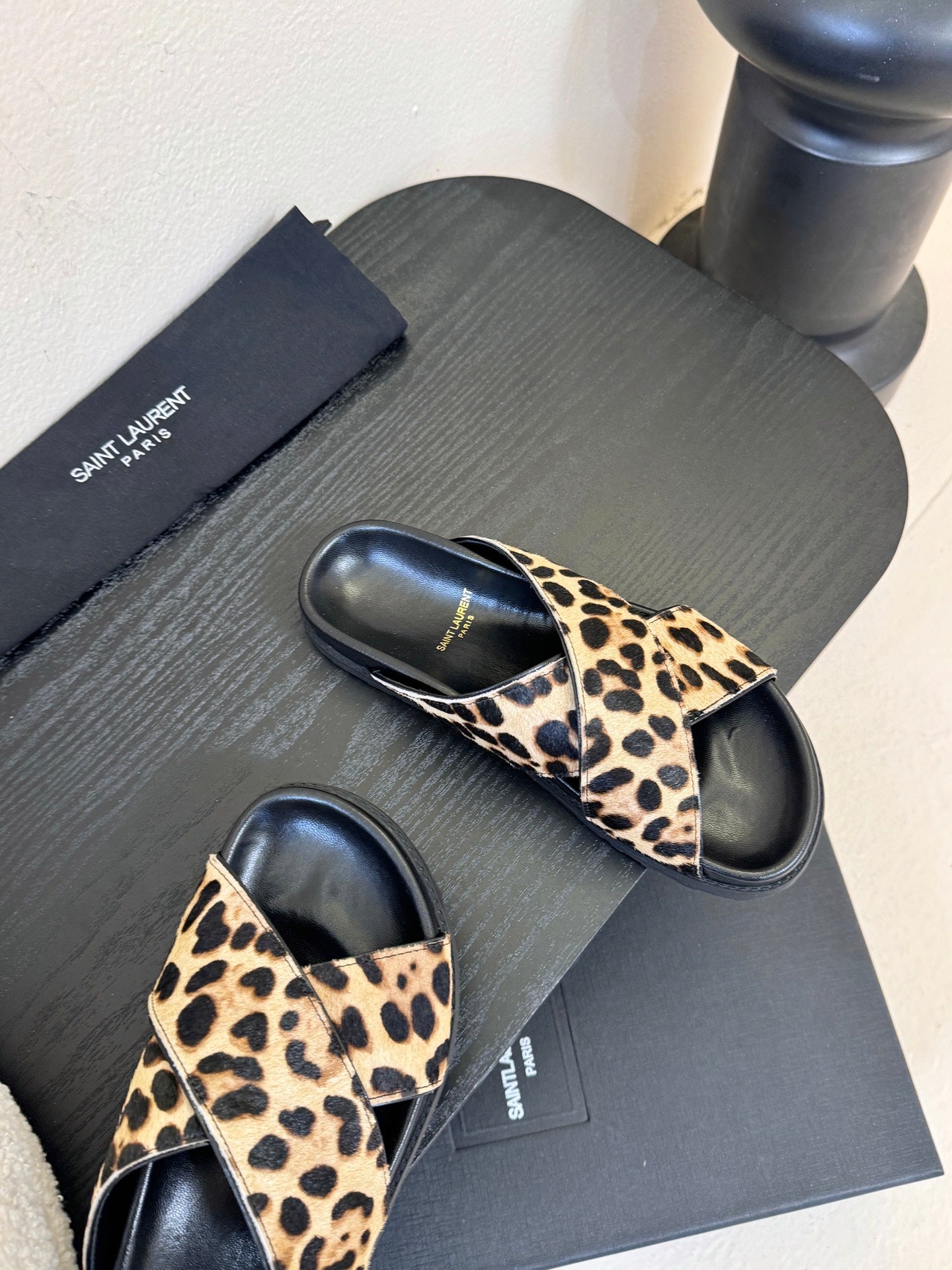 YSL 26S CROSS-STRAP SANDALS IN LEOPARD PRINT CALFSKIN HAIR
