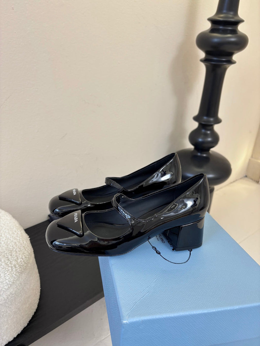 PRADA 26S BLOCK-HEEL MARY JANE IN BLACK PATENT CALFSKIN
