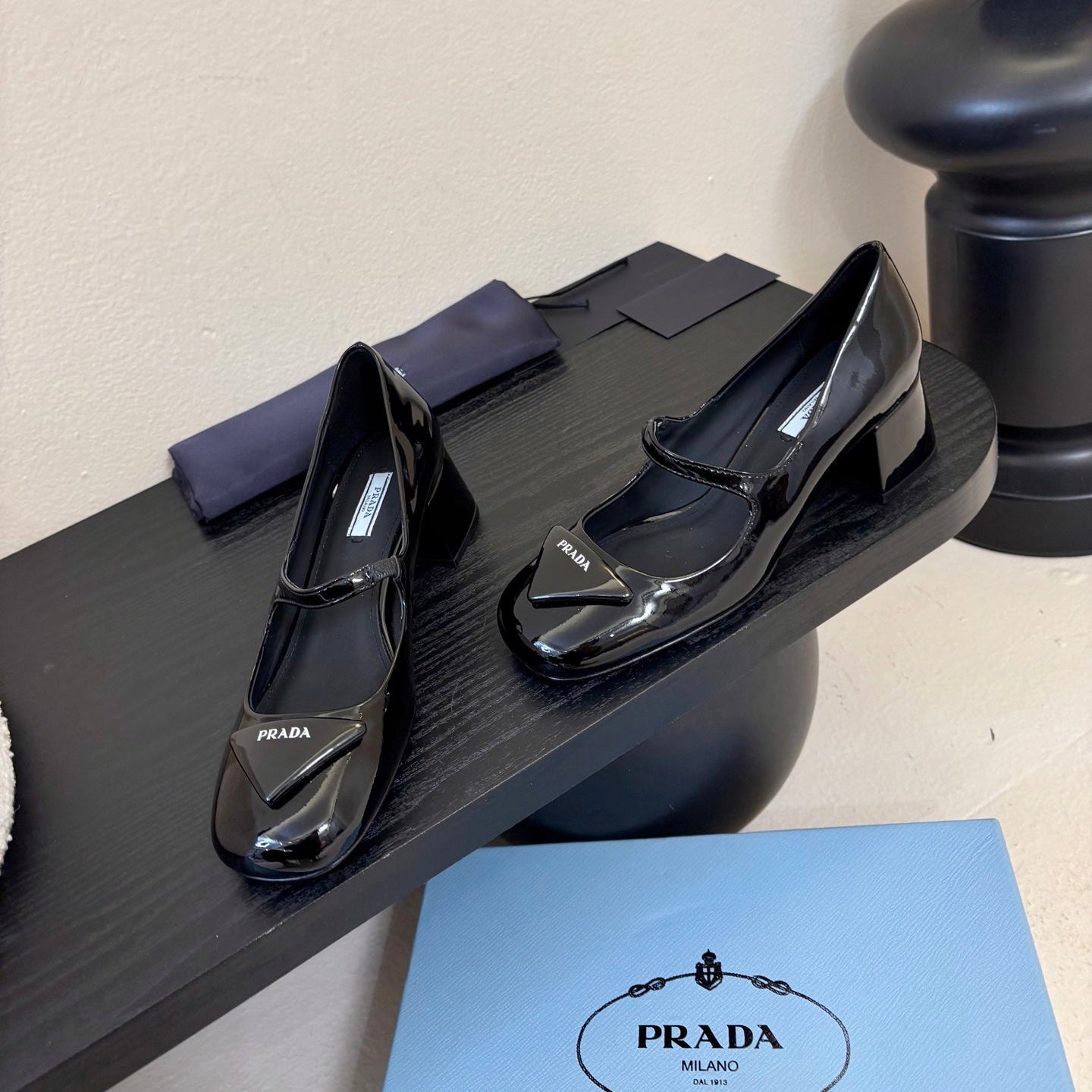 PRADA 26S BLOCK-HEEL MARY JANE IN BLACK PATENT CALFSKIN
