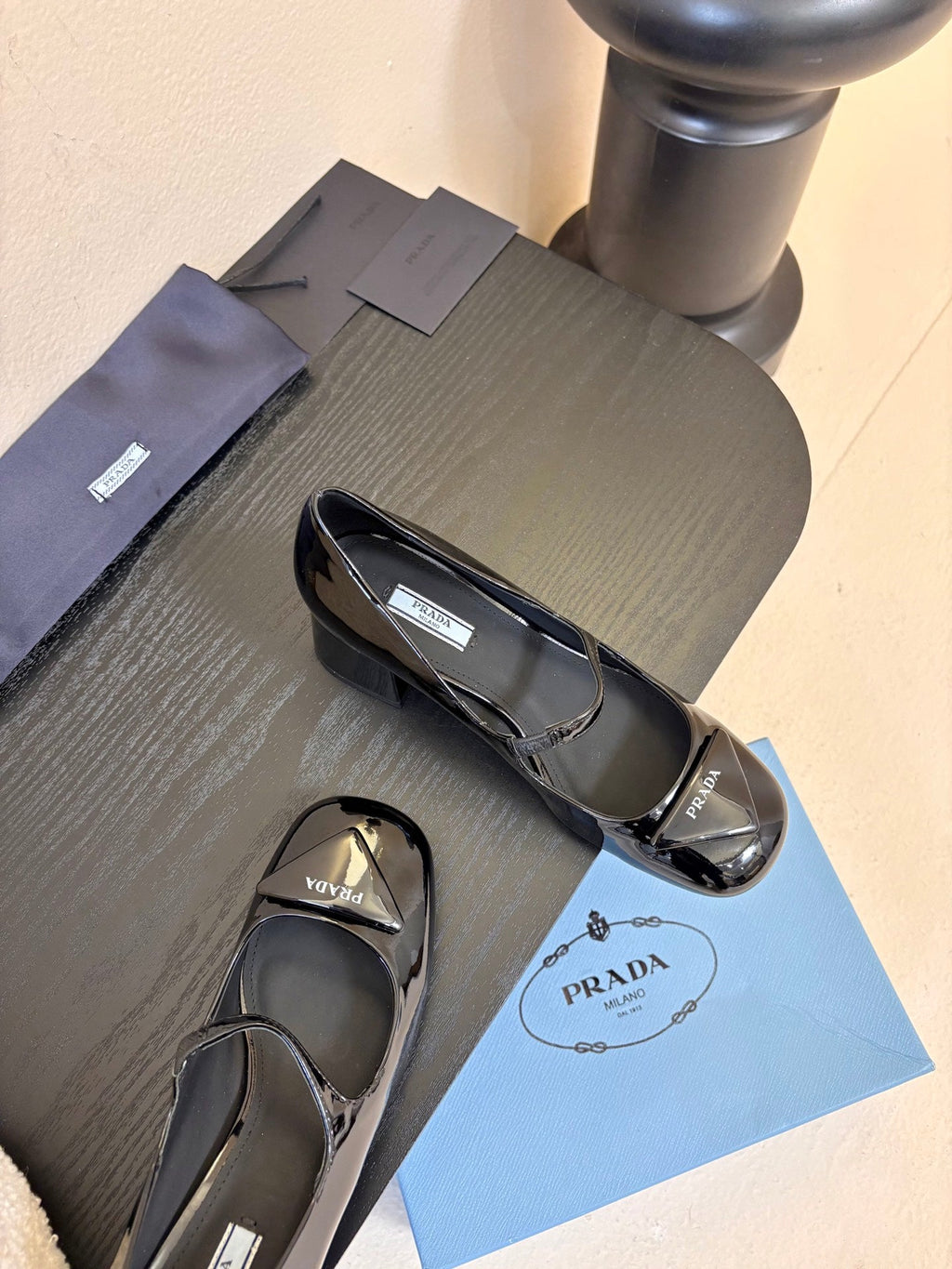 PRADA 26S BLOCK-HEEL MARY JANE IN BLACK PATENT CALFSKIN