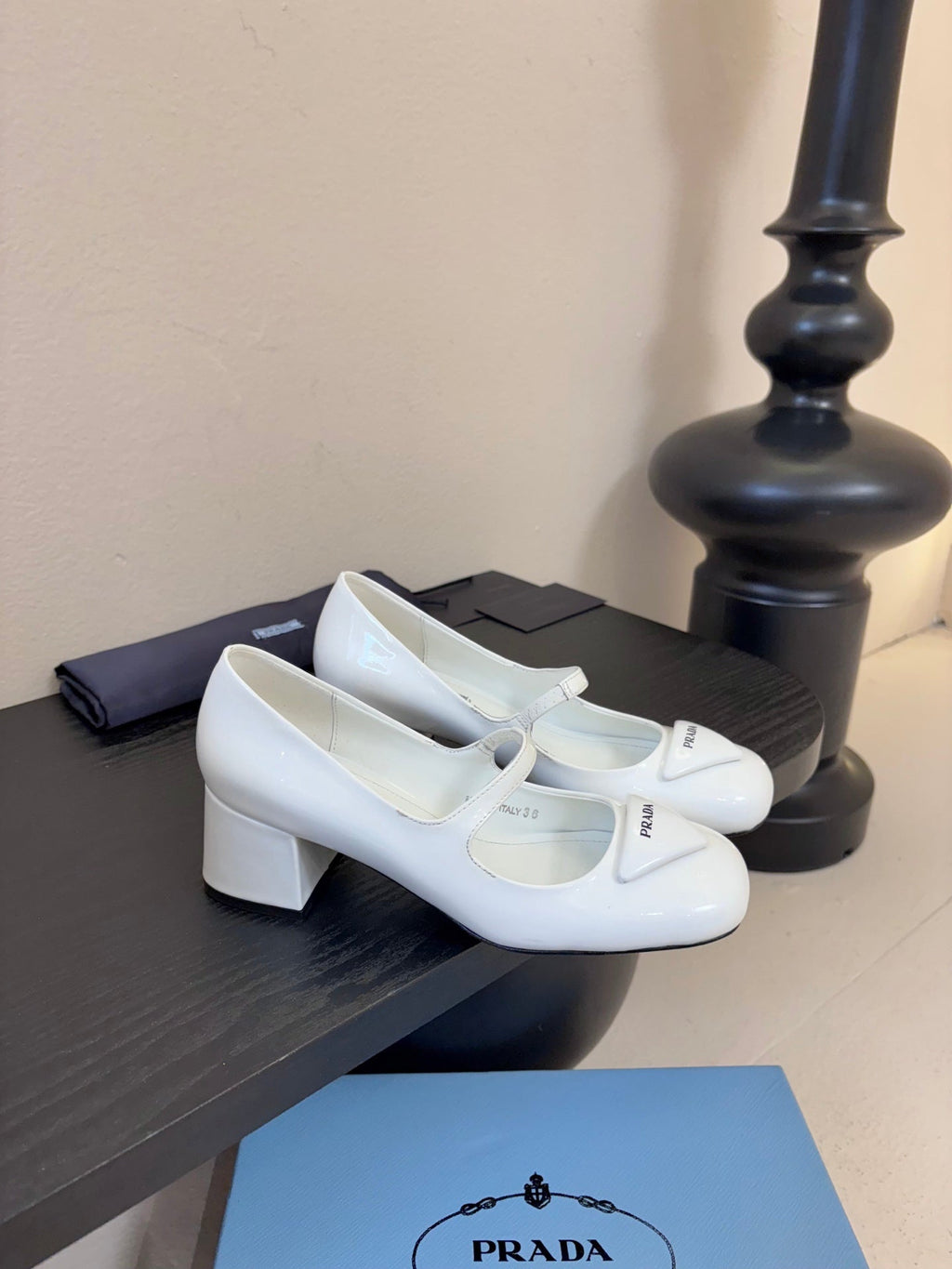 PRADA 26S BLOCK-HEEL MARY JANE IN WHITE PATENT CALFSKIN