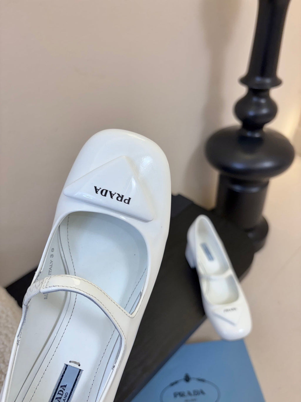 PRADA 26S BLOCK-HEEL MARY JANE IN WHITE PATENT CALFSKIN