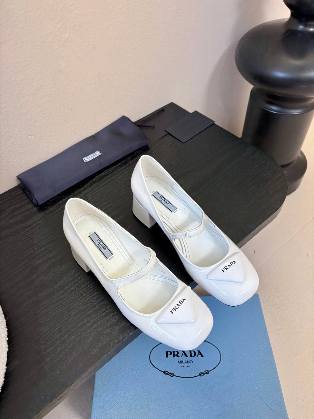 PRADA 26S BLOCK-HEEL MARY JANE IN WHITE PATENT CALFSKIN