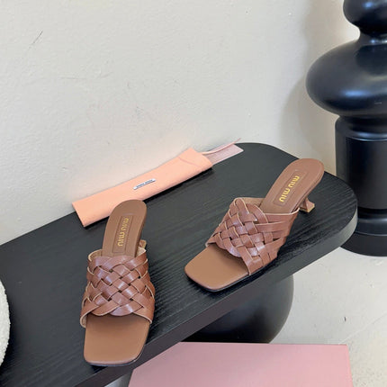 MIUMIU 26S IVETTE WOVEN HEELED SANDALS 40MM IN BROWN CALFSKIN