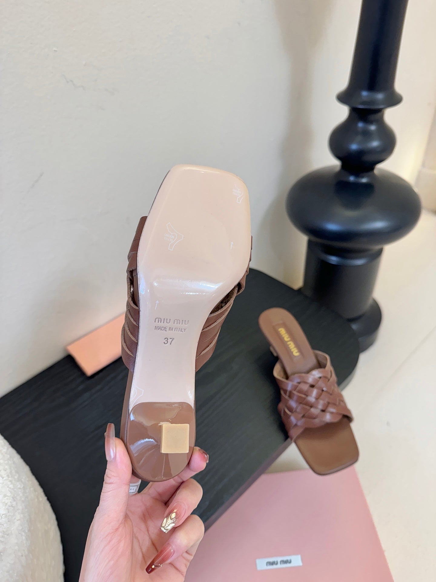 MIUMIU 26S IVETTE WOVEN HEELED SANDALS 40MM IN BROWN CALFSKIN
