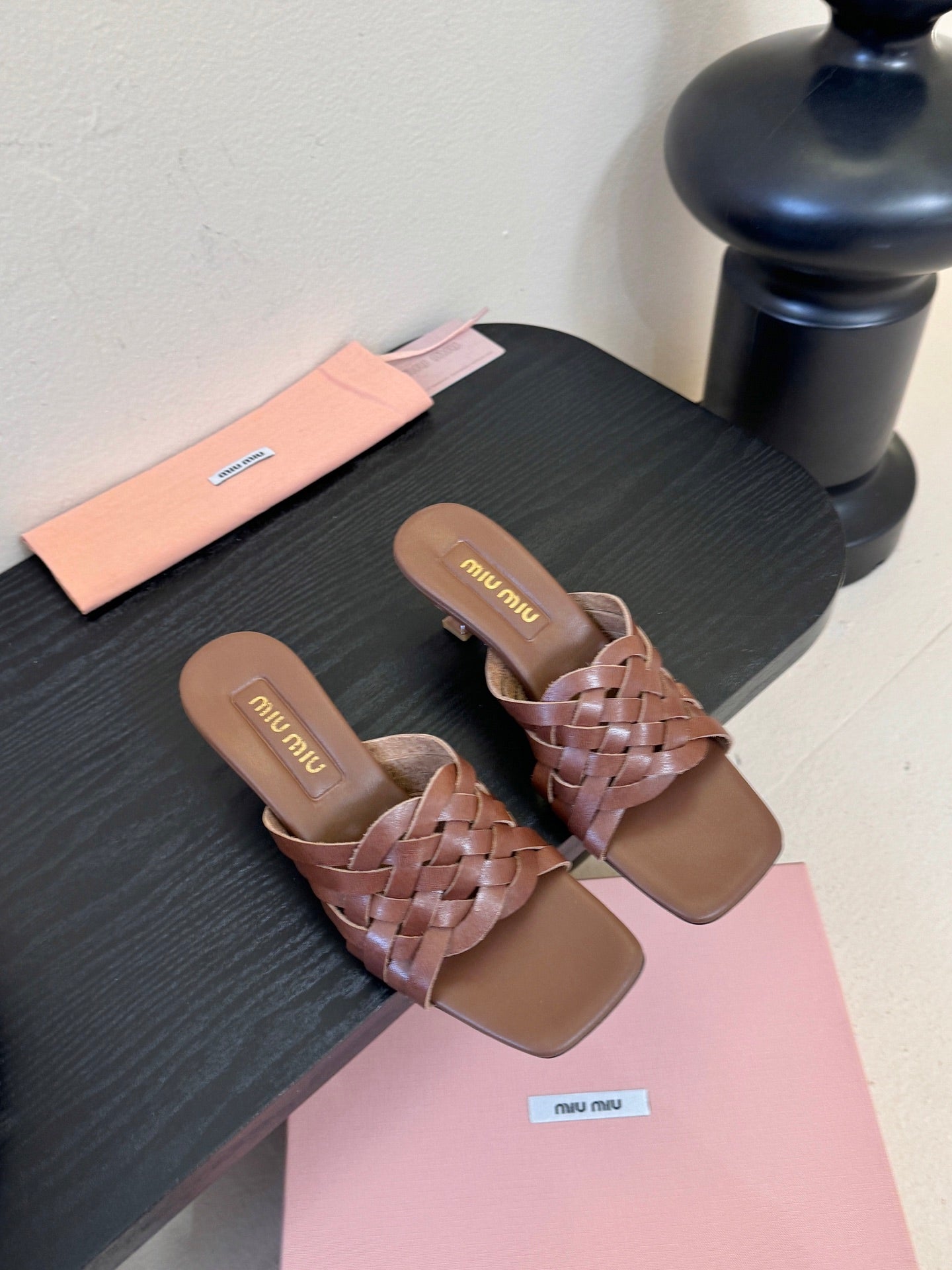 MIUMIU 26S IVETTE WOVEN HEELED SANDALS 40MM IN BROWN CALFSKIN