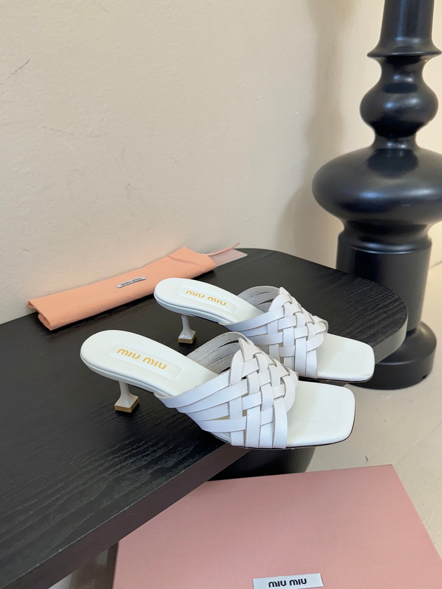 MIUMIU 26S IVETTE WOVEN HEELED SANDALS 40MM IN WHITE CALFSKIN