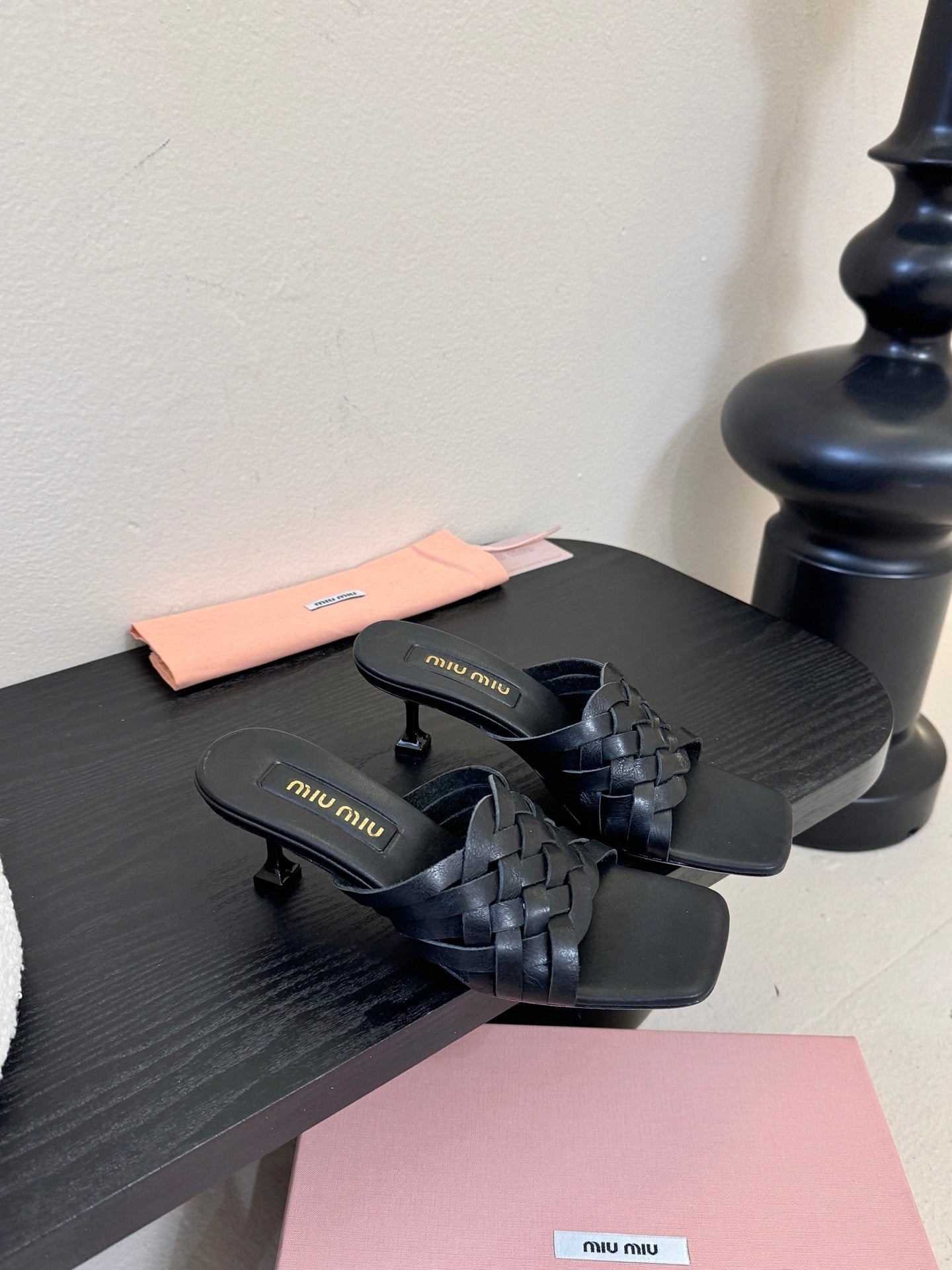 MIUMIU 26S IVETTE WOVEN HEELED SANDALS 40MM IN BLACK CALFSKIN