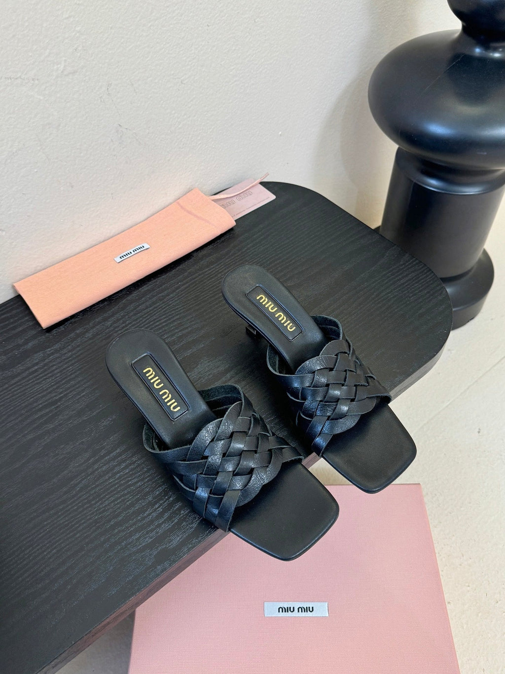 MIUMIU 26S IVETTE WOVEN HEELED SANDALS 40MM IN BLACK CALFSKIN