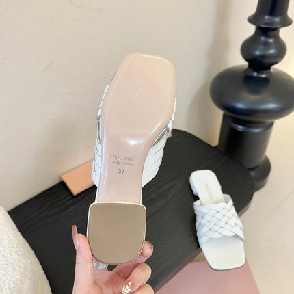 MIUMIU 26S IVETTE WOVEN SLIDE SANDALS IN WHITE CALFSKIN