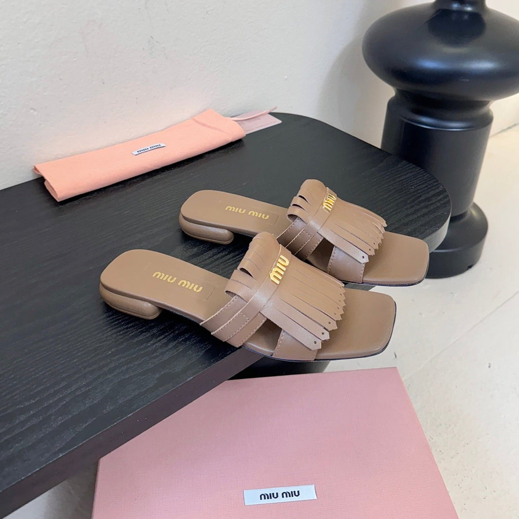 MIUMIU 26S FLAT SLIPPERS IN BROWN CALFSKIN