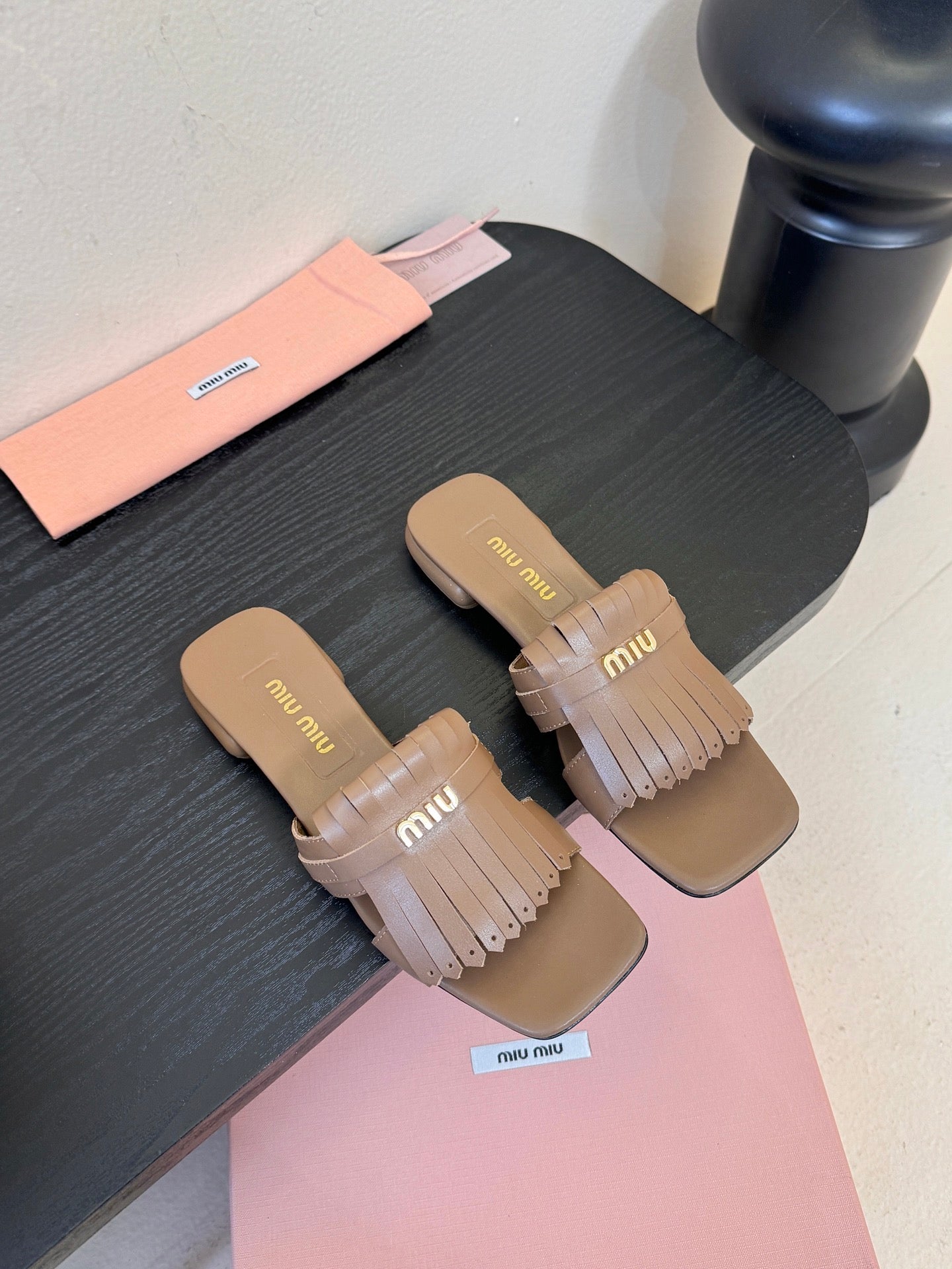 MIUMIU 26S FLAT SLIPPERS IN BROWN CALFSKIN