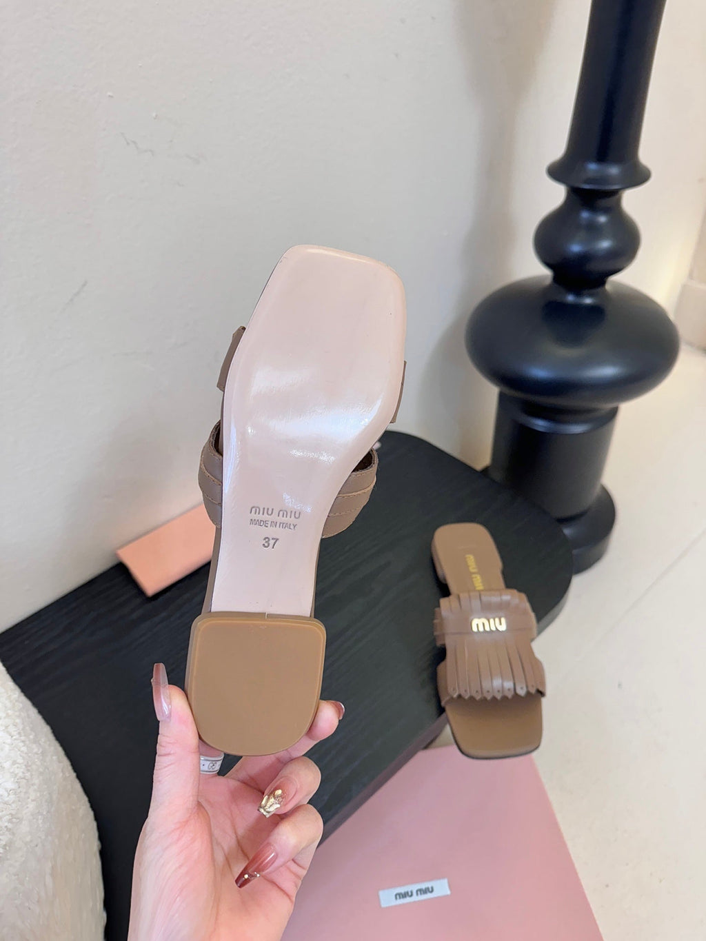 MIUMIU 26S FLAT SLIPPERS IN BROWN CALFSKIN