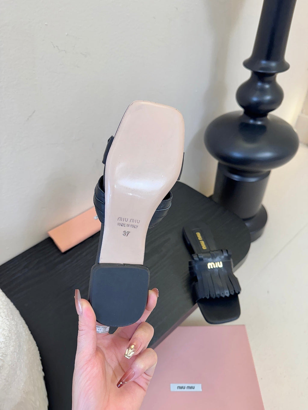 MIUMIU 26S FLAT SLIPPERS IN BLACK CALFSKIN