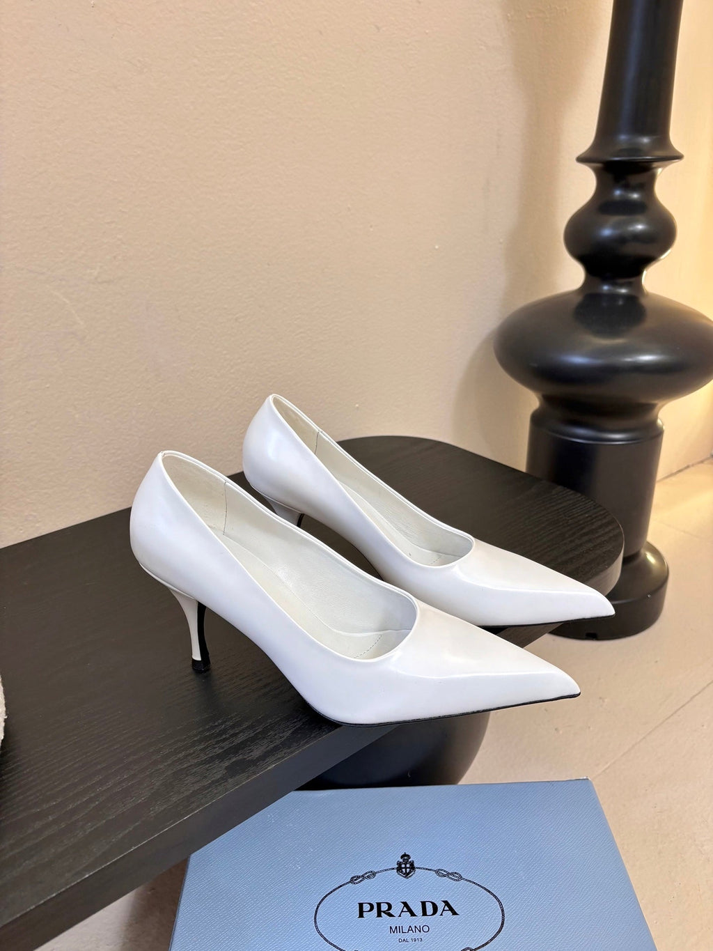 PRADA 26S POINTED-TOE HIGH HEELS IN WHITE LAMBSKIN
