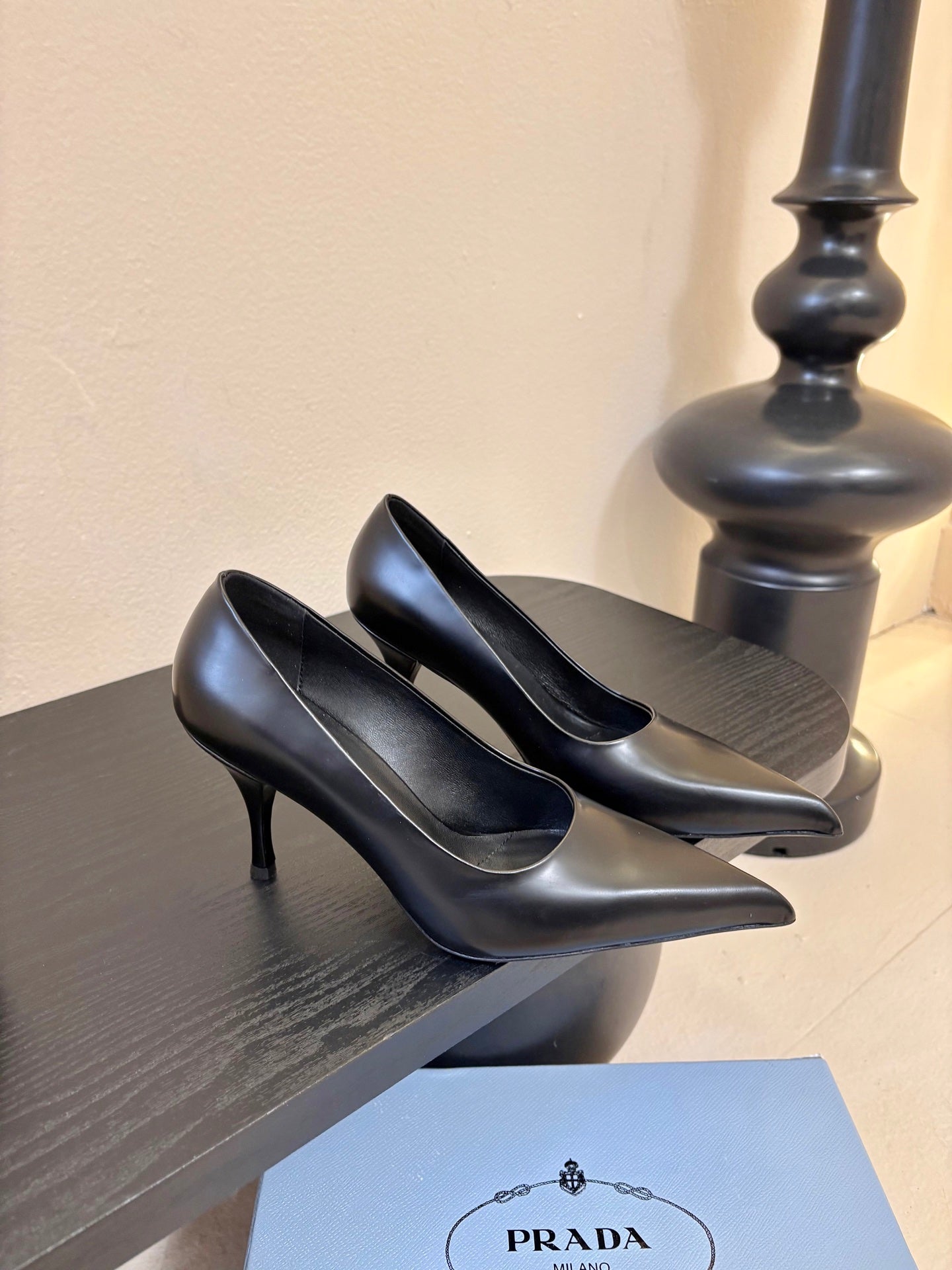 PRADA 26S POINTED-TOE HIGH HEELS IN BLACK LAMBSKIN