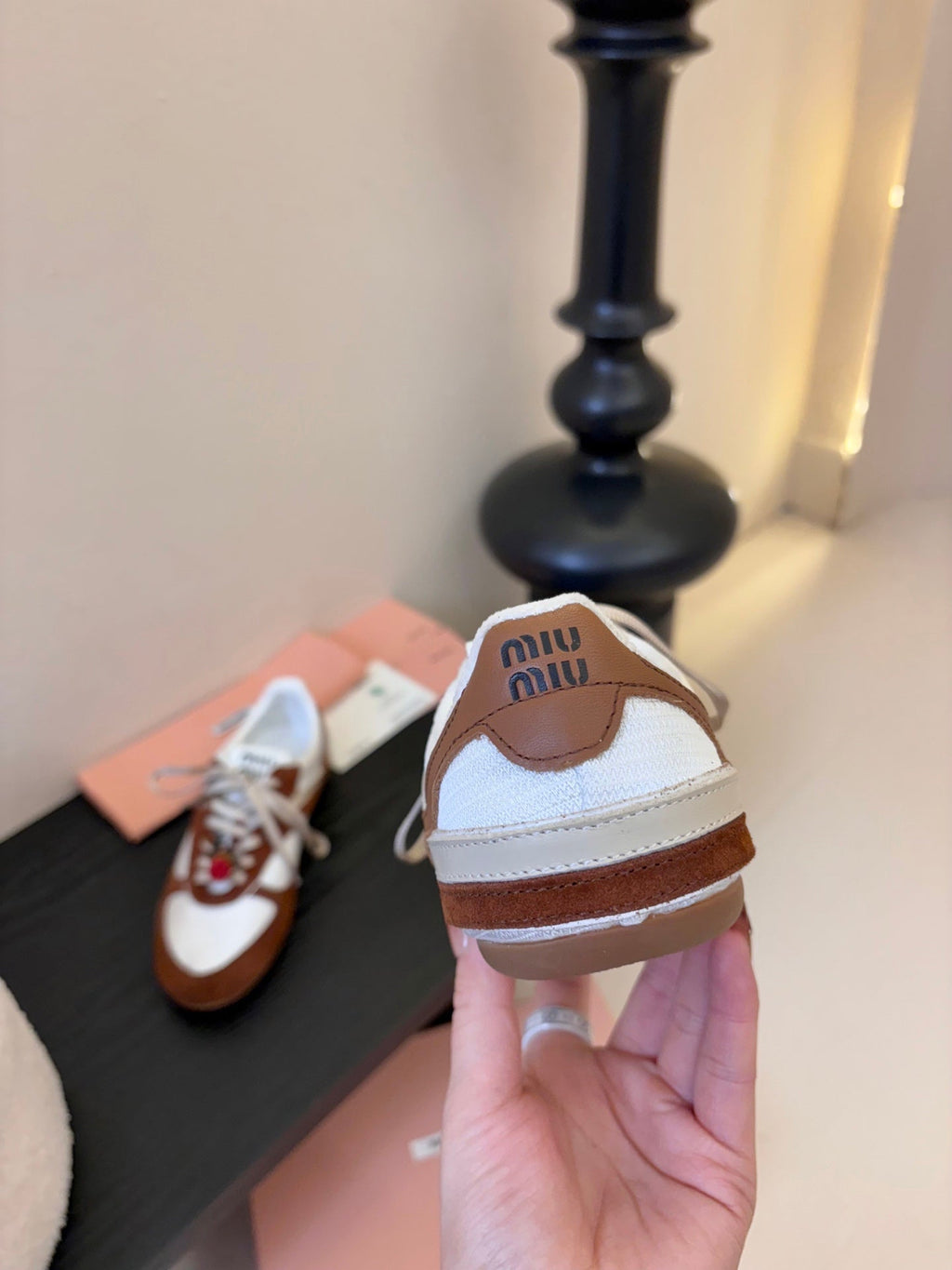 MIUMIU 26S SNEAKERS IN WHITE AND CARAMEL BROWN SUEDE AND MESH