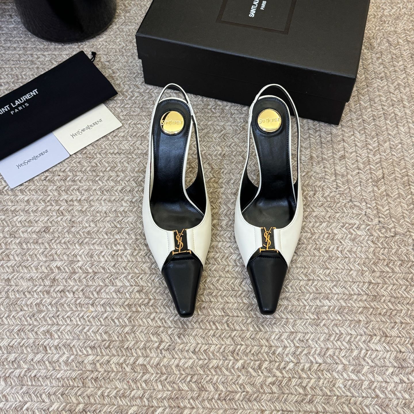 YSL BABYLONE SLINGBACK PUMPS IN WHITE MIX BLACK CALFSKIN