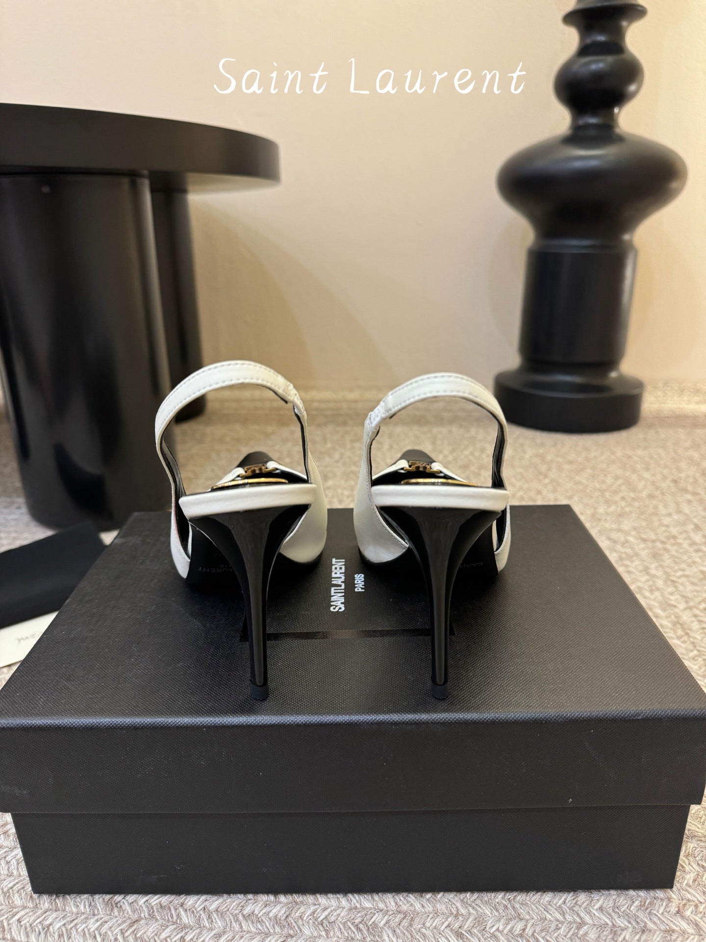 YSL BABYLONE SLINGBACK PUMPS IN WHITE MIX BLACK CALFSKIN
