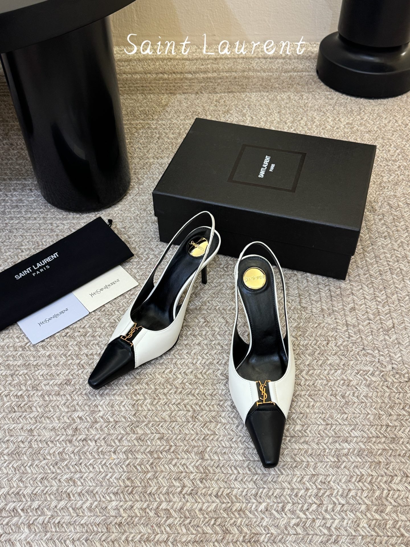 YSL BABYLONE SLINGBACK PUMPS IN WHITE MIX BLACK CALFSKIN