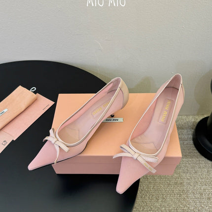 MIUMIU 26S HIGH-HEEL IN LIGHT PINK MESH AND LAMBSKIN WITH BOW