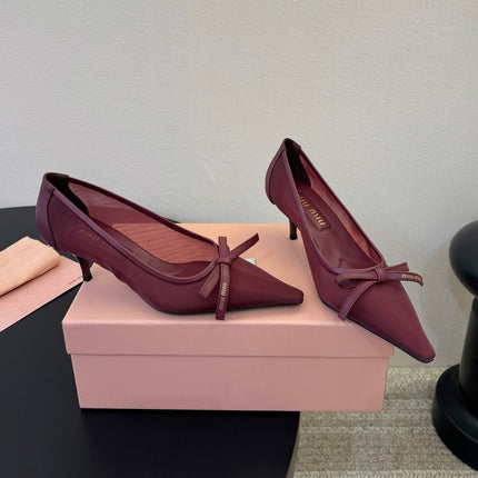 MIUMIU 26S HIGH-HEEL IN DARK RED MESH AND LAMBSKIN WITH BOW