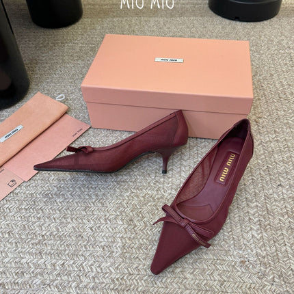MIUMIU 26S HIGH-HEEL IN DARK RED MESH AND LAMBSKIN WITH BOW