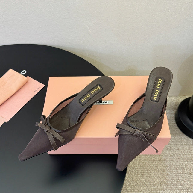 MIUMIU 26S HEEL MULES IN CHOCOLATE BROWN MESH AND LAMBSKIN