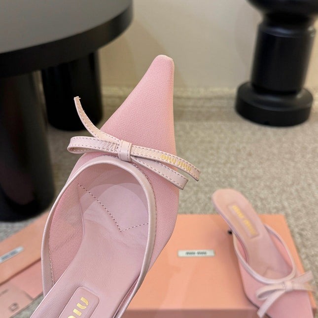 MIUMIU 26S HEEL MULES IN LIGHT PINK MESH AND LAMBSKIN