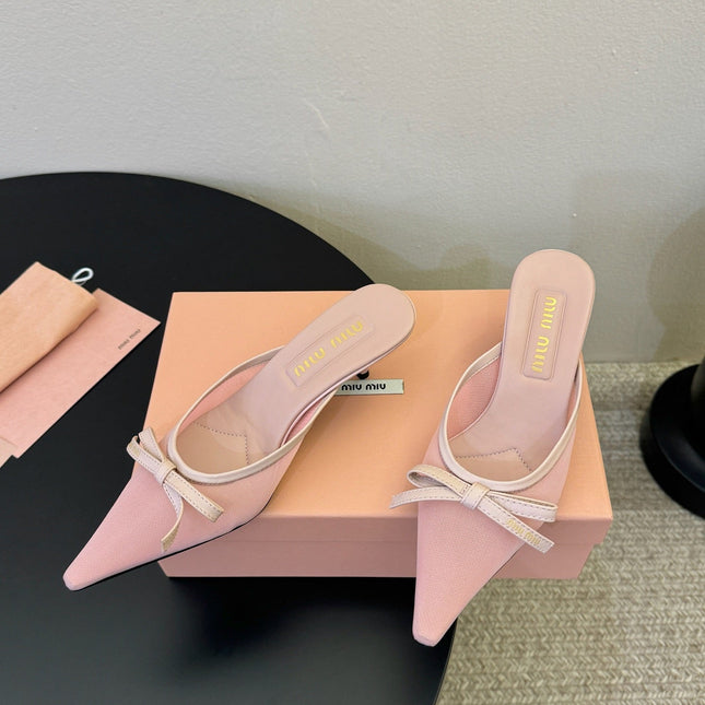 MIUMIU 26S HEEL MULES IN LIGHT PINK MESH AND LAMBSKIN