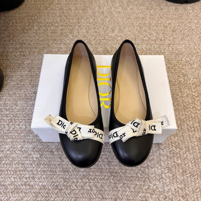DIOR 26S BALLET FLATS IN BLACK CALFSKIN WITH J'ADIOR RIBBON