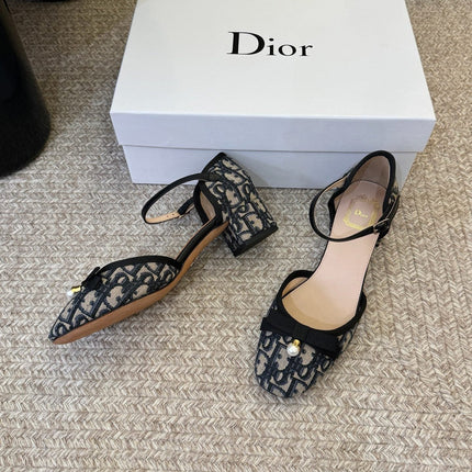 DIOR 26S HEEL ANKLE STRAP PUMPS IN BLUE DIOR OBLIQUE EMBROIDERED CANVAS WITH BOW