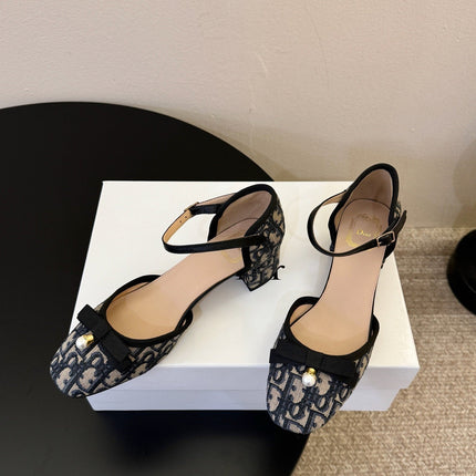 DIOR 26S HEEL ANKLE STRAP PUMPS IN BLUE DIOR OBLIQUE EMBROIDERED CANVAS WITH BOW